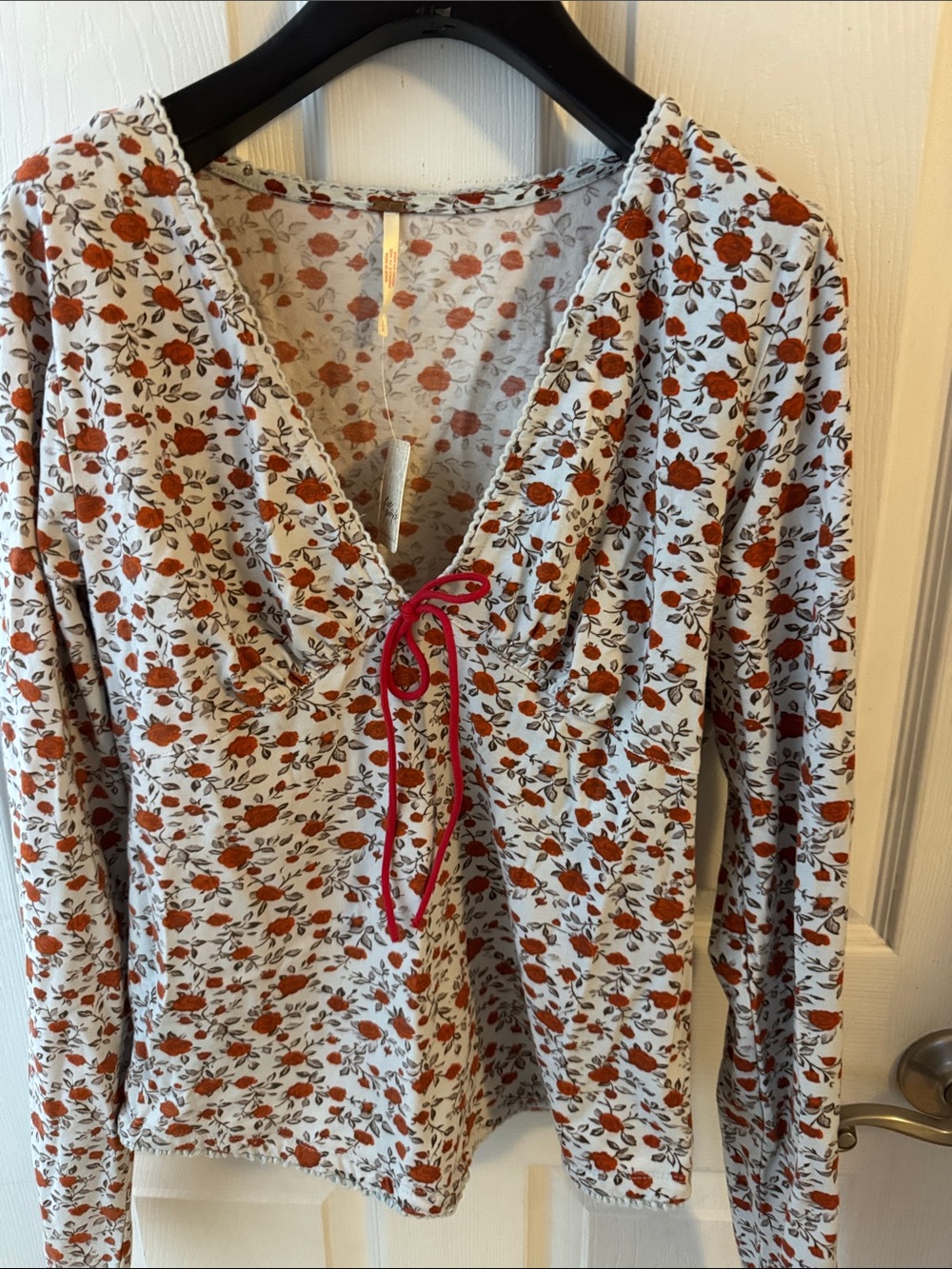 Free People White Floral Tie-Front Long Sleeve Top with Rust Accents